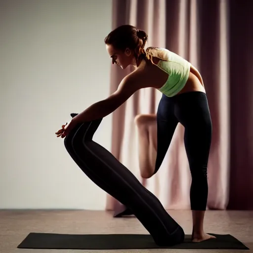Image similar to emma watson doing a yoga pose, detailed, warm lighting, 8 k, studio, photography, glamour