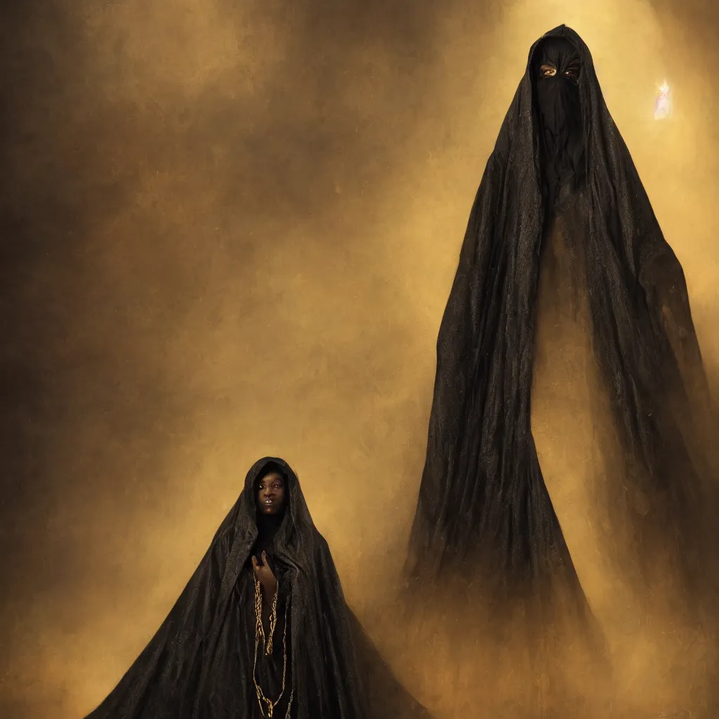 Image similar to a portrait of a young black woman wearing a long dark cloak, hood and shadows covering face, holding golden chains, oil painting, matte painting, black background, Volumetric Golden dappled dynamic lighting, Highly Detailed, Cinematic Lighting, Unreal Engine, 8k, HD, by Beksinski