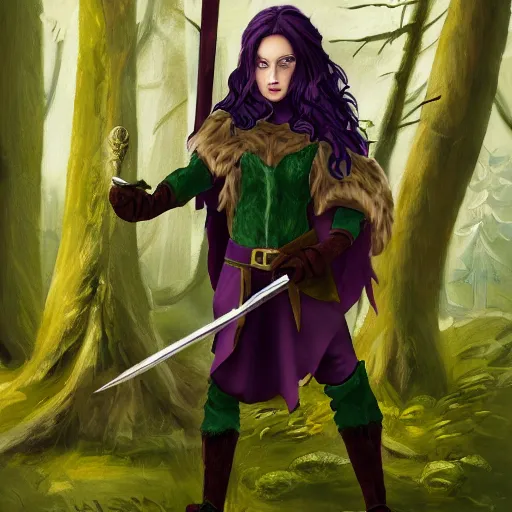 Image similar to anya charlota as a medieval fantasy wood elf, dark purple hair tucked behind ears, wearing a green tunic with a fur lined collar and leather armor, scar across nose, one black, scaled arm, wielding a battleaxe, cinematic, character art, painting, forest background, realistic.