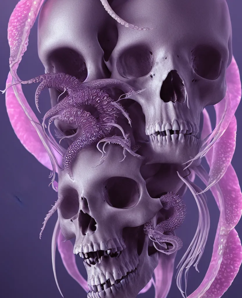 Image similar to goddess close - up portrait human skull, ram skull, squid phoenix jellyfish, orchid, betta fish, bioluminiscent, intricate artwork by tooth wu and wlop and beeple. octane render, trending on artstation, greg rutkowski very coherent symmetrical artwork. cinematic, hyper realism, high detail, octane render, 8 k