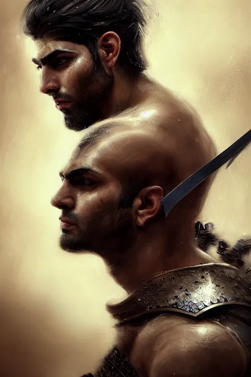 Prompt: portrait of a Persian Prince fighting at war, warrior, brutal battle, handsome prince, shaved face, without beard, attractive young man, shaved face, heroic pose, dramatic lighting, dark and horror, action and tragedy, dust and blood, intricate, wild, highly detailed, digital painting, artstation, concept art, smooth, sharp focus, illustration, art by artgerm and greg rutkowski and alphonse mucha, footage from space camera