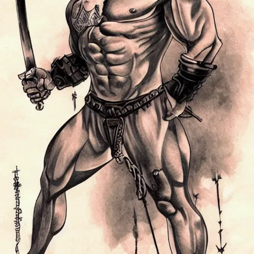 Image similar to muscular bald man, tattooed body, sword in hands, HD, anime,