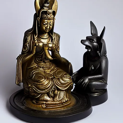 Prompt: guanyin having tea with anubis