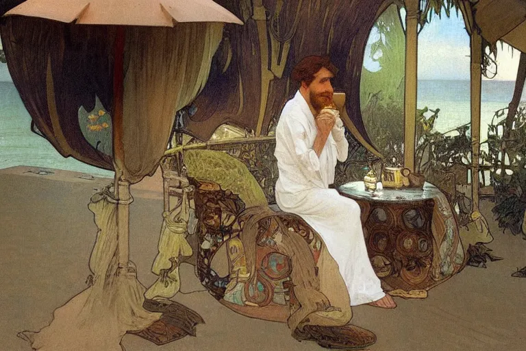 Image similar to a matte painting of a man sitting down and having a cup of tea in his house by the beach, by alphonse mucha, muted colors