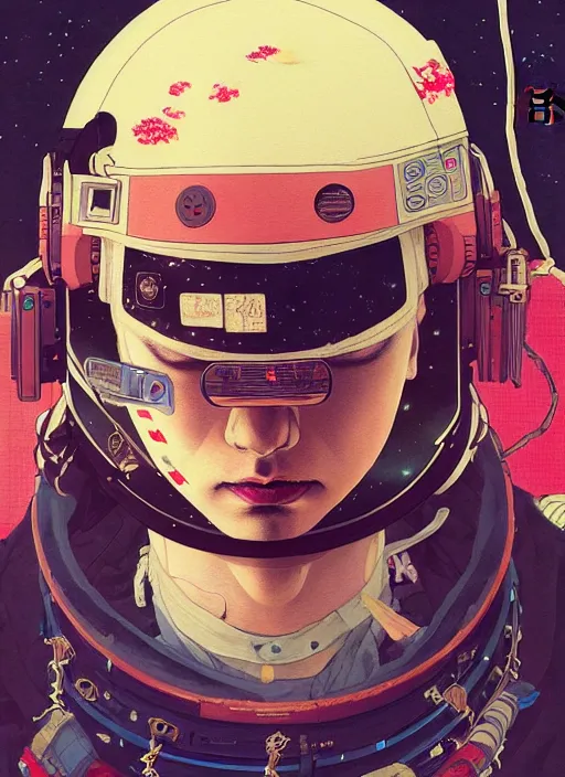Image similar to a beautiful ukiyo painting of rapper pop smoke as a timepunk battle space pilot, wearing space techwear, detailed close up portrait, intricate complexity, concept art, by takato yamamoto, wlop, krenz cushart. cinematic dramatic atmosphere, sharp focus, digital full likeness art. center frame