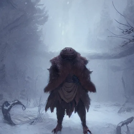 Image similar to anthropomorphic turtle humanoid, carapace, greg rutkowski, blizzard, winter, night, furs, fantasy