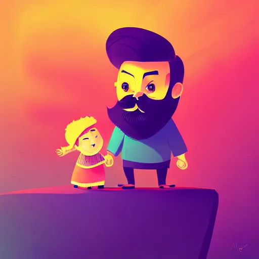 Image similar to curled perspective digital art of a cute smiling beard grandpa cartoon character with baby girl by anton fadeev