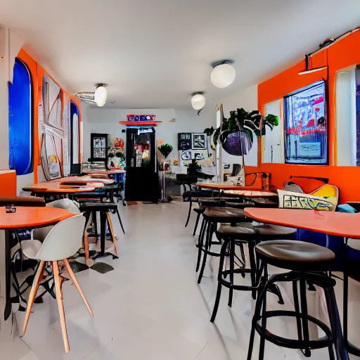 Prompt: photo of a white cafe interior with arcade machines, and retro art on the tall white walls, wide angle shot 4 k hdr