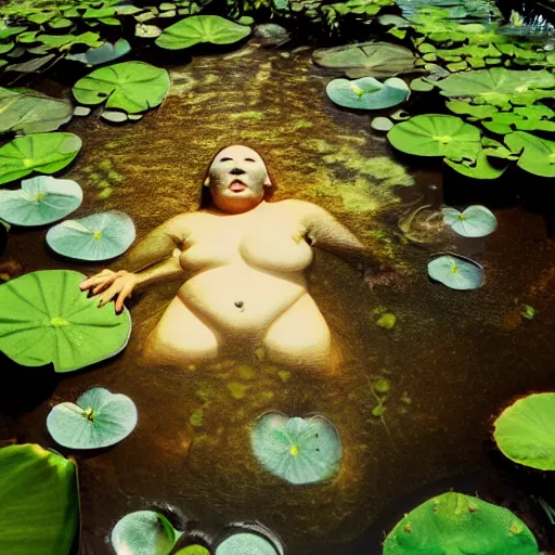 Image similar to A face submerged in shallow water surrounded by lily pads and other vegetation. The eyes are glowing and there is a hand reaching out towards you