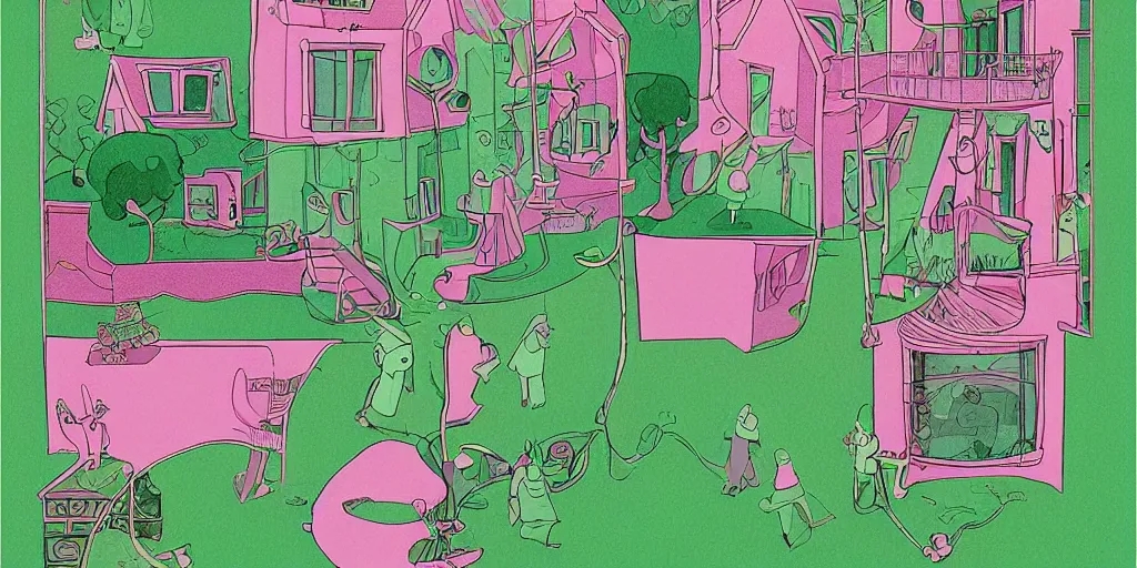 Prompt: a pink and green illustration of a house, a storybook illustration by muti and tim biskup, featured on dribble, arts and crafts movement, behance hd, storybook illustration, dynamic composition