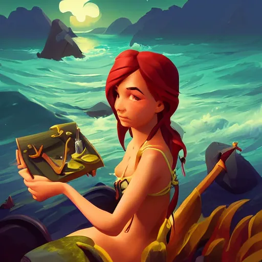 Image similar to painting mermaid treasure on sea of thieves game avatar hero smooth face median photoshop filter cutout vector, behance hd by jesper ejsing, by rhads, makoto shinkai and lois van baarle, ilya kuvshinov, rossdraws global illumination