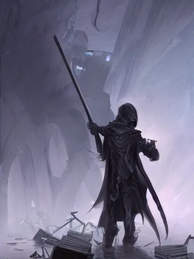 Prompt: the grim reaper holding a scythe, trought a destroyed city with people scared. intricate, elegant, highly detailed, digital painting, artstation, concept art, sharp focus, illustration, by justin gerard and artgerm, 8 k