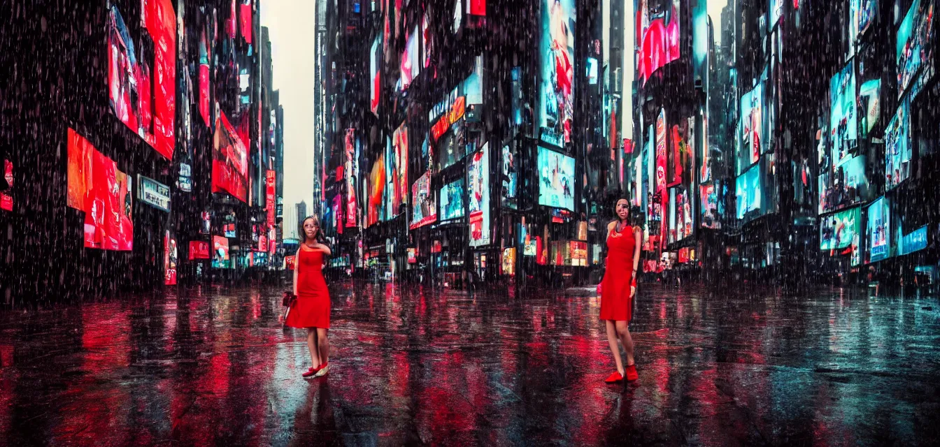 Prompt: hyperdetailed wide ground level photo of a perfect face sexy beautiful girl wearing a very short thin red dress and no shoes getting soaked in the rain standing in the middle of an empty dark alley with screens displaying colorful advertisements on the tall ominous buildings, hdr, 4 k, blade runner aesthetic