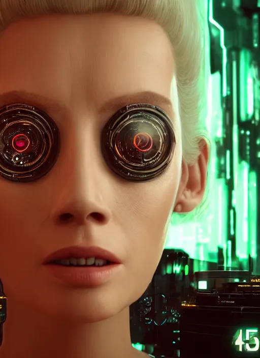 Image similar to 35mm portrait of a 7 of 9 borg with face implants on the background of a weird magical mechanical forest. Round gears visible inside her hear. Very detailed 8k. Fantasy cyberpunk horror. Sharp. Unreal 5 render with nanite, global illumination and path tracing. Cinematic post-processing