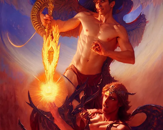 Image similar to attractive male deity, casting demonic magic, summoning handsome lucifer morning star. highly detailed painting by gaston bussiere, craig mullins, j. c. leyendecker 8 k