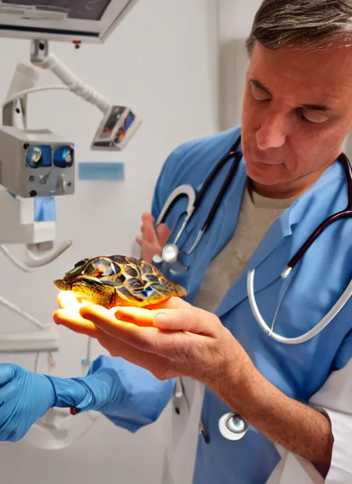 Image similar to doctor examining a small tortoise under bright operating room lights, closeup, 2 4 mm wide angle, technicolor