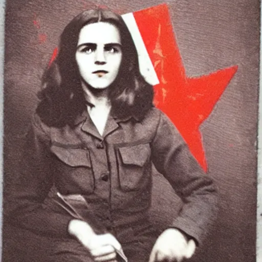 Prompt: photograph of soviet chekist comrade emma watson, vintage revolution photograph, famous photo