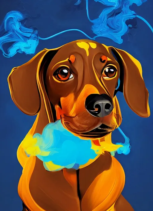 Image similar to a painting of a dachshund facewith its tounge sticking out, with blue and yellow smoke coming out of, a digital painting by petros afshar, behance contest winner, digital art, behance hd, digital illustration, digital painting