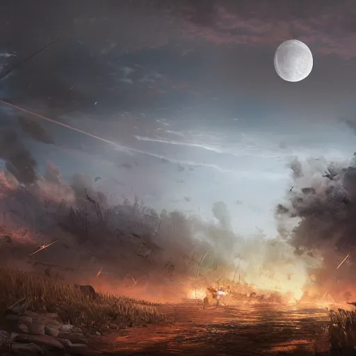 Image similar to a world war 1 battleground under a full moon, digital painting, mixed media, trending on artstation and deviantart, epic composition, highly detailed, 8 k