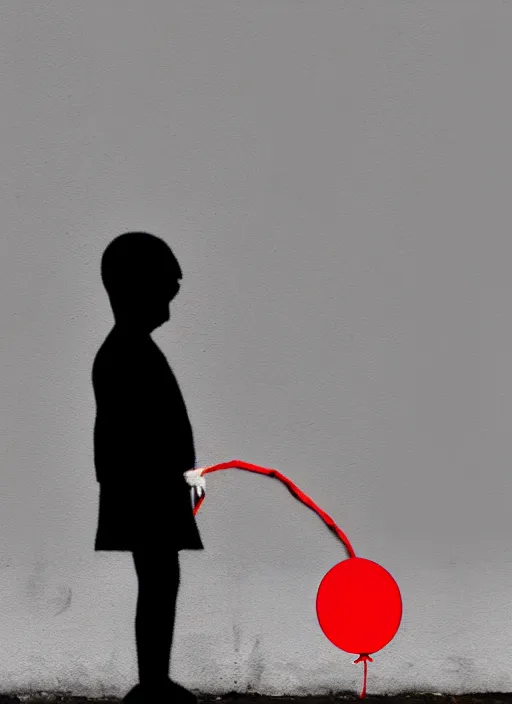 Prompt: a side profile of a black and white boy holding a single red balloon on a white concrete background in the style of Banksy, graffiti, digital art