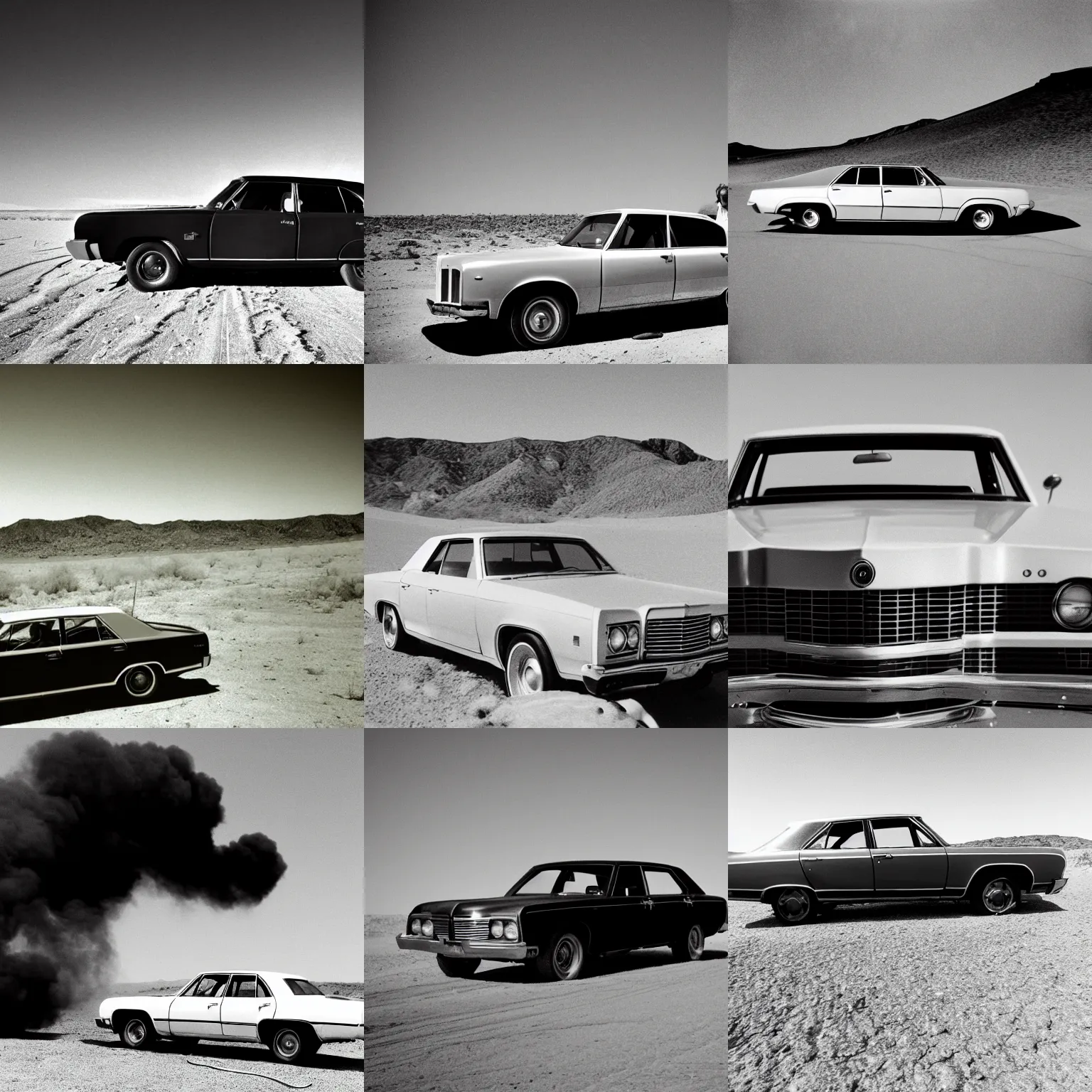 Prompt: 1970's sedan on fire in a desert, black and white, album cover