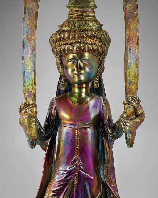Image similar to a metallic multicolored statue of a woman in long robes