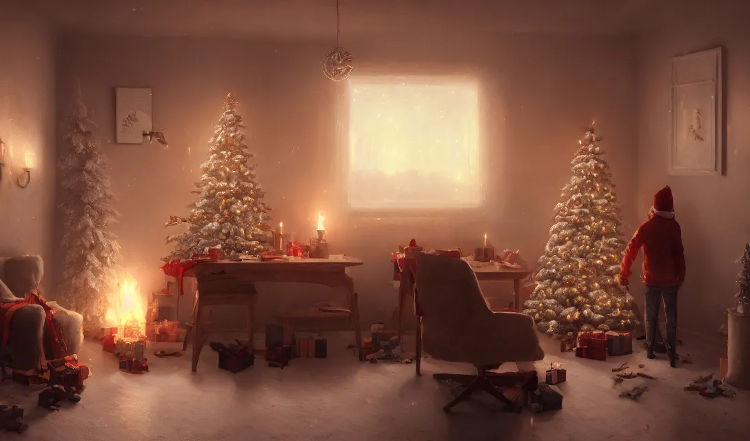 Image similar to a christmas eve photorealistic painting on the wall, home, interior, octane render, deviantart, greg rutkowski, cinematic, key art, hyperrealism