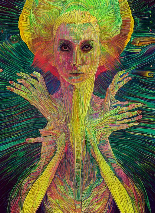 Prompt: in space no one can hear you scream,, colorful, in the style of frantisek kupka, intricate, miles johnston, kuroda seiki, cynical realism, ozabu, john william godward, painterly, yoshitaka amano, moebius, beautiful lighting, miles johnston, klimt, louise zhang, james jean