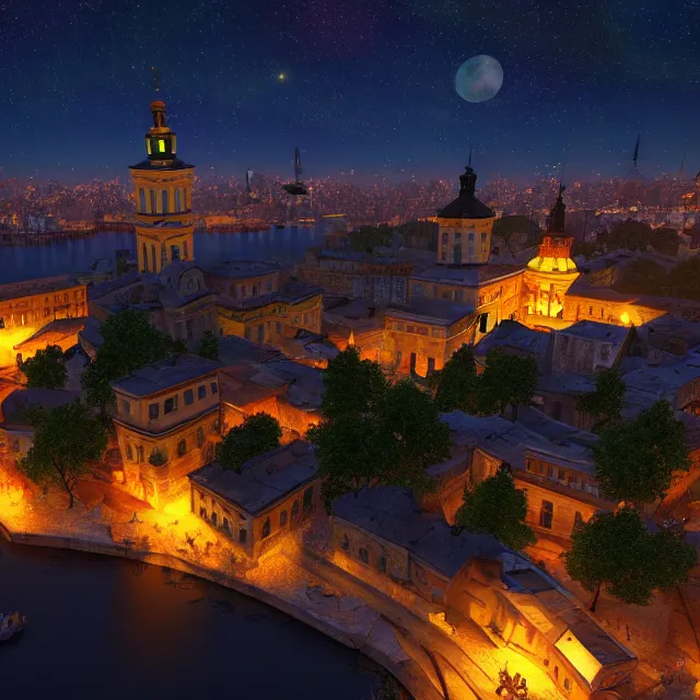 Image similar to lviv island night, 8 k ultra realistic, lens flare, atmosphere, glow, detailed, intricate, full of colour, led lighting, 4 k, hyperrealistic, focused, extreme details, unreal engine 5, masterpiece