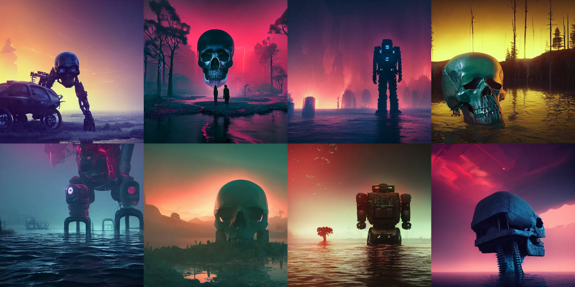 Prompt: beautiful dark bloody flooded landscape, giant creepy robot with human skull, in the style of beeple and Mike Winkelmann, photo real, ultra realistic, intricate, epic lighting, 8k resolution, unreal engine 5, ultraviolet colors,