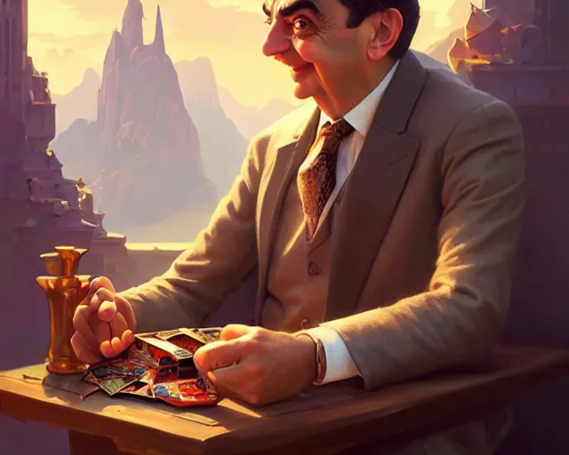 Image similar to mr bean looking very happy, photography of kurzgesagt, deep focus, d & d, fantasy, intricate, elegant, highly detailed, digital painting, artstation, concept art, matte, sharp focus, illustration, hearthstone, art by artgerm and greg rutkowski and alphonse mucha