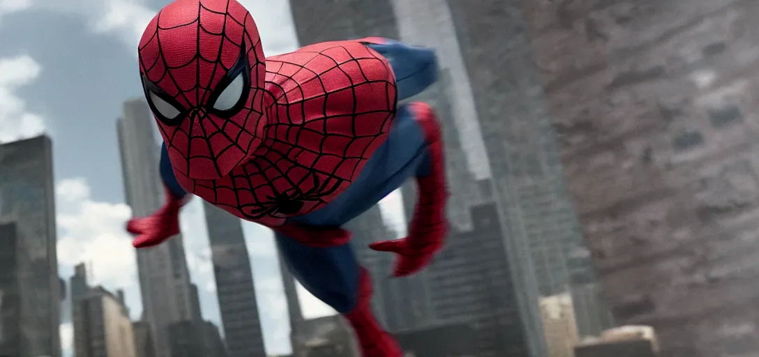 Image similar to Walter White as Spider-Man, film still, wide-shot, full shot, cinematic lens, heroic portrait