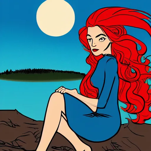 Image similar to a beautiful comic book illustration of a woman with long red hair sitting near a lake at night by darwyn cooke, featured on artstation