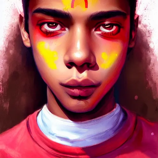 Image similar to colorful and festive captivating teenager with straight brown hair covering his eye, dark skin, big lips, big eyes, wearing a red t - shirt. rich vivid colors, ambient lighting, dynamic lighting, 4 k, atmospheric lighting, painted, intricate, highly detailed by charlie bowater