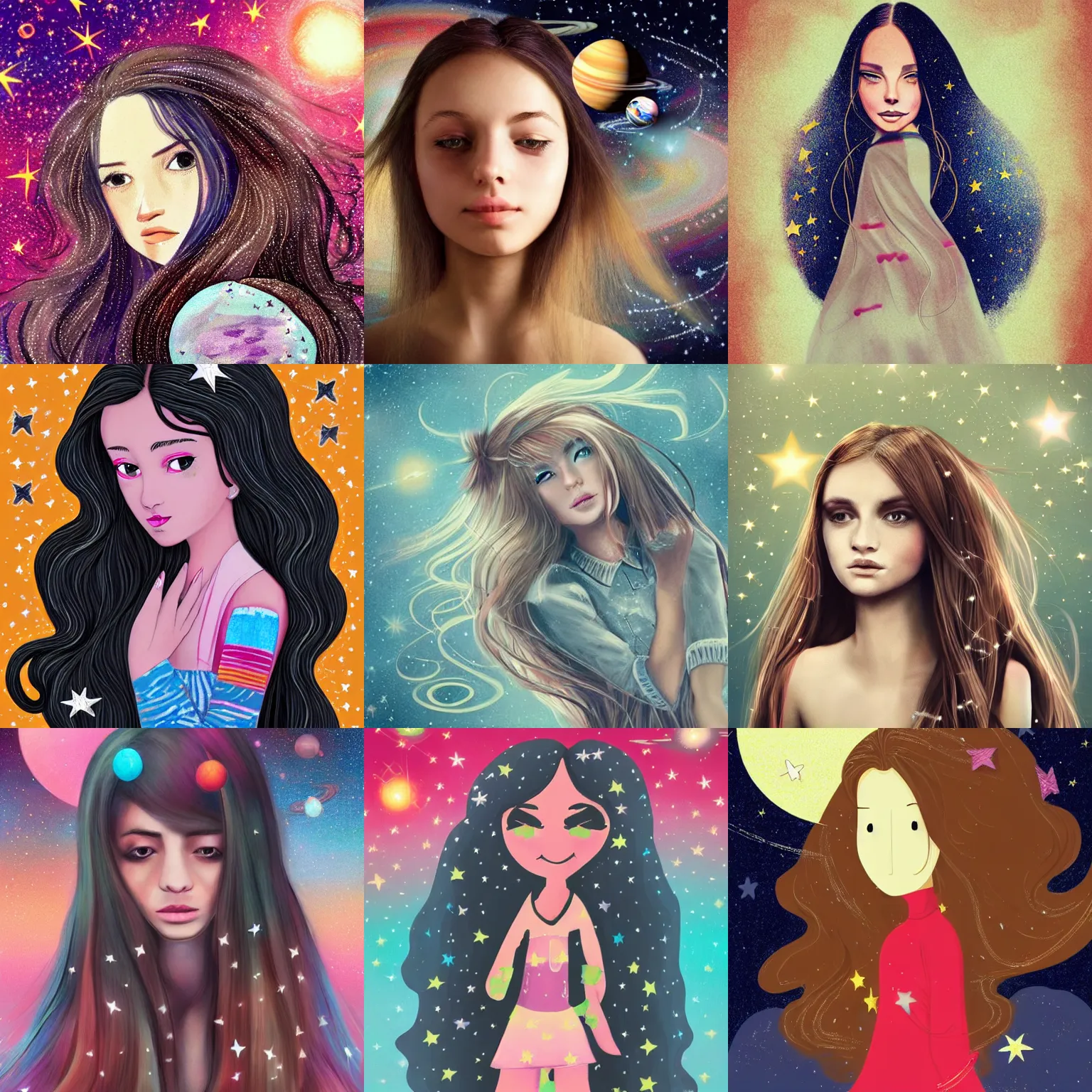 Prompt: girl with long hair with stars,small planets, magical, high details, high modernization, ultra mega super hyper realistic, ultra mega super hyper beautiful