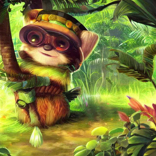 Image similar to disco diffusion painting of teemo in the jungle by makoto shinkai, masterpiece, contest award winner