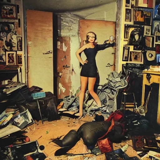 Prompt: messy vintage room of a fallout vault, frank frazetta