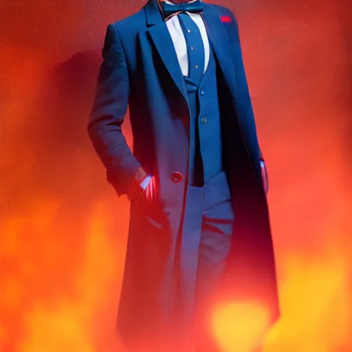 Image similar to tom holland with a beard in a dark blue trenchcoat with an orange bowtie as the new doctor who, cinematic, volumetric lighting, f 8 aperture, cinematic eastman 5 3 8 4 film, photorealistic