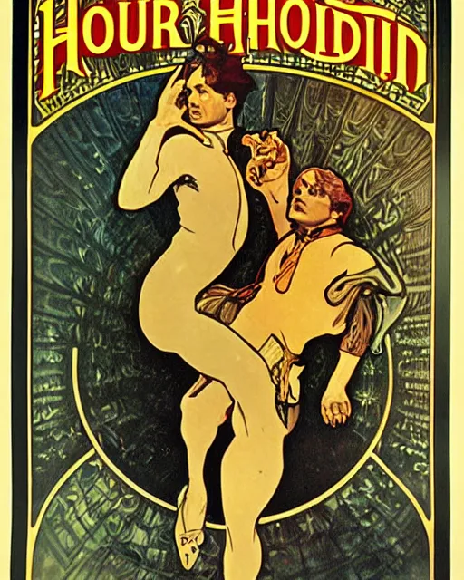 Prompt: of vintage poster of harry houdini by kerne erickson and alphonse mucha