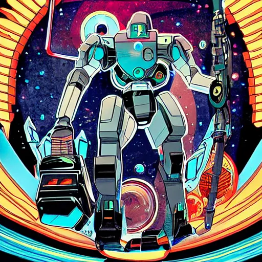 Prompt: mecha standing in front of the time-space vortex, in the graphic style of Patrick Gleason, detailed art, trending on Artstation, sharp focus, Beautiful comic art