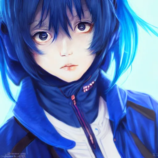 Image similar to ene from mekakucity actors, wearing blue jacket, blue pigtails, cool color palette, digital art by aramaki shinji, by artgerm, by cushart krenz, by wlop, colorful, insanely detailed and intricate, hypermaximalist, elegant, ornate, hyper realistic, super detailed