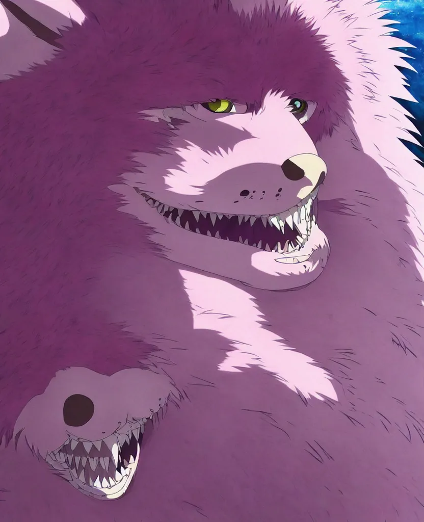 Prompt: beautiful painting from the anime film by studio ghibli, pink anthropomorphic werewolf human hybrid, drooling teeth bared, fur, trending on artstation,