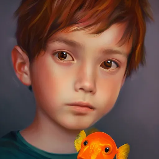 Prompt: Beautiful portrait of a young boy with goldfish eyes, in a romantic romantic setting on a painting by Miyazaki, artstation trending, painterly, 8k