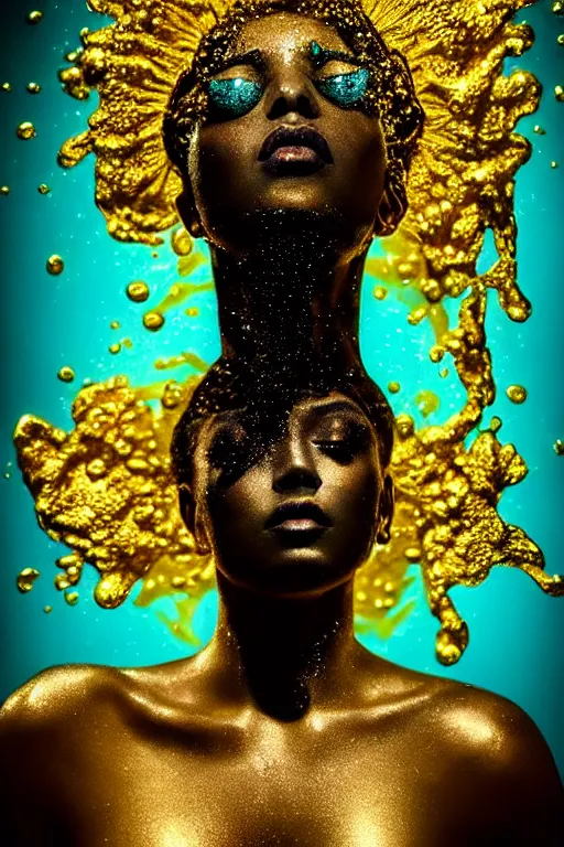 Image similar to hyperrealistic post - dada cinematic very expressive! profile black oshun goddess, emerging from water!!, mirror dripping droplet!, gold flowers, highly detailed face, digital art masterpiece, smooth eric zener cam de leon, dynamic pearlescent teal light, low angle uhd 8 k, sharp focus