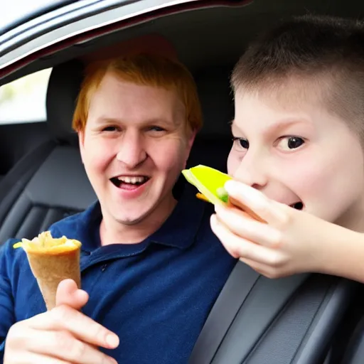 Image similar to food reviewer sitting in their car eating rotten flesh