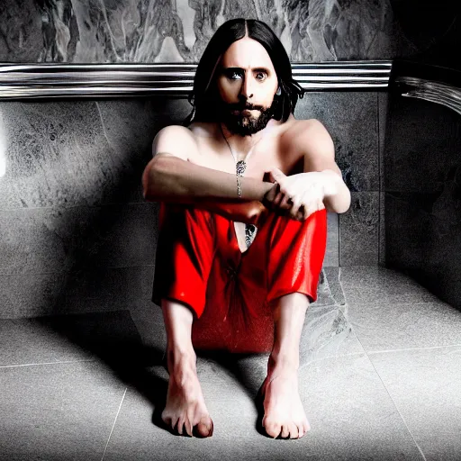 Prompt: jared leto sitting in a bathtub full of oscars after his performance in morbius