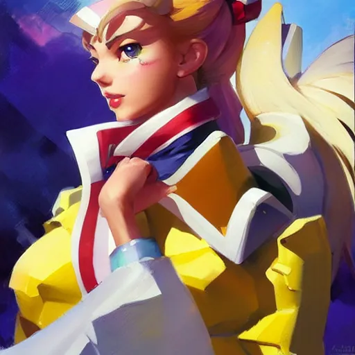 Image similar to greg manchess portrait painting of sailor moon as overwatch character, medium shot, asymmetrical, profile picture, organic painting, sunny day, matte painting, bold shapes, hard edges, street art, trending on artstation, by huang guangjian and gil elvgren and sachin teng