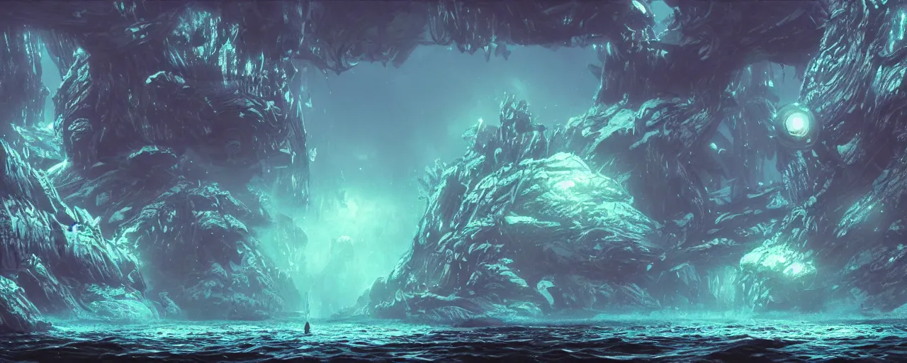 Image similar to ” underwater alien landscape, [ dark, lightshafts, cinematic, detailed, epic, widescreen, opening, establishing, mattepainting, photorealistic, realistic textures, octane render, art by slop and paul lehr ] ”