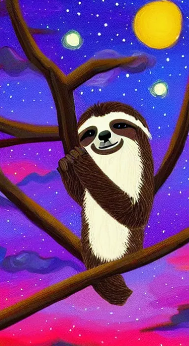 Image similar to a cute sloth hanging on a tree on a starry night, made of bright colored thick flowing dramatic brush strokes, matte colors, trending on artstation