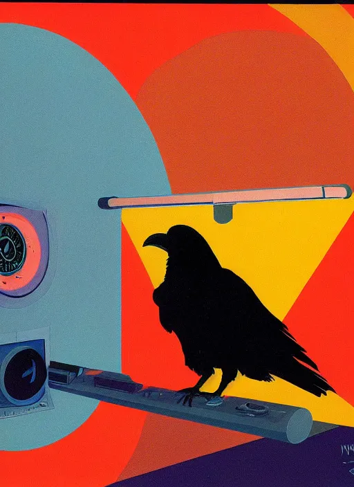 Prompt: a raven digging through 8 0 s era technology, vintage shapes, retro technology, happy color, wayne barlow, oil on canvas, deep depth of field, masterpiece, cinematic composition, hyperdetailed